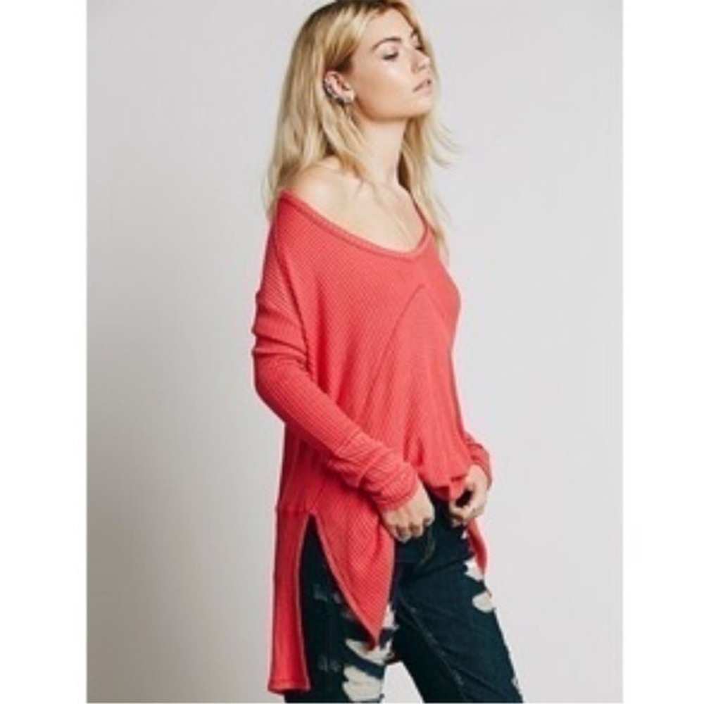 Free People Sunset Park Drippy Thermal Knit Tunic Top Poppy Red Small Oversized